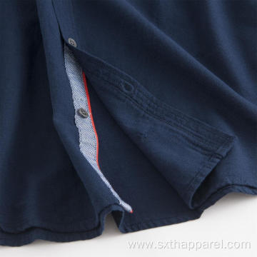 Men's Dark Blue Pockets Short Sleeve Embroidered Shirts